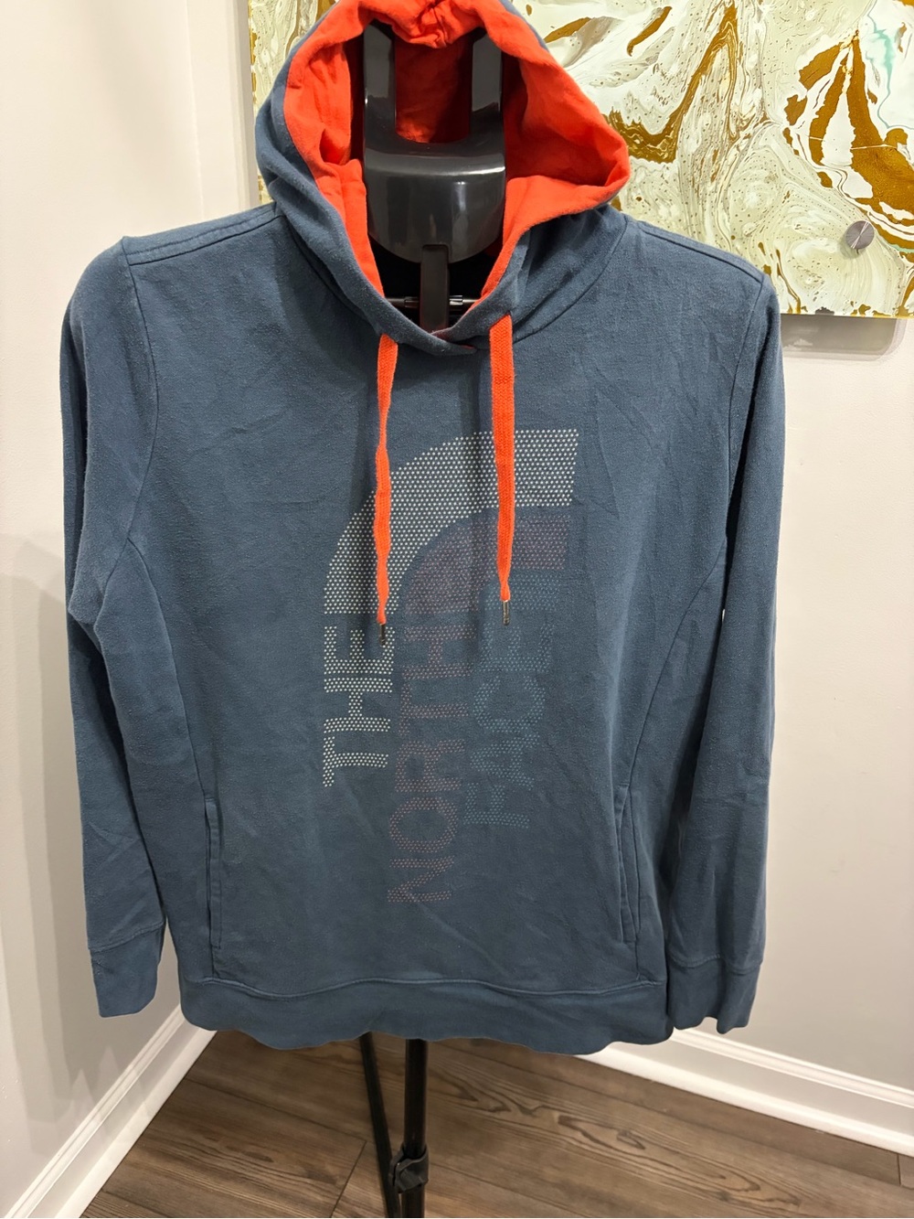 The North Face Blue Pullover Hoodie with Orange Hood and Drawstrings